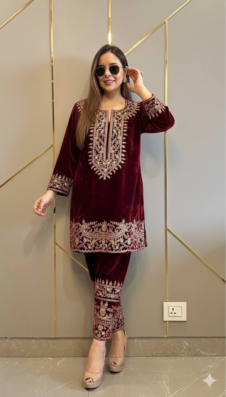 Maroon Velvet Kurti Pant Set