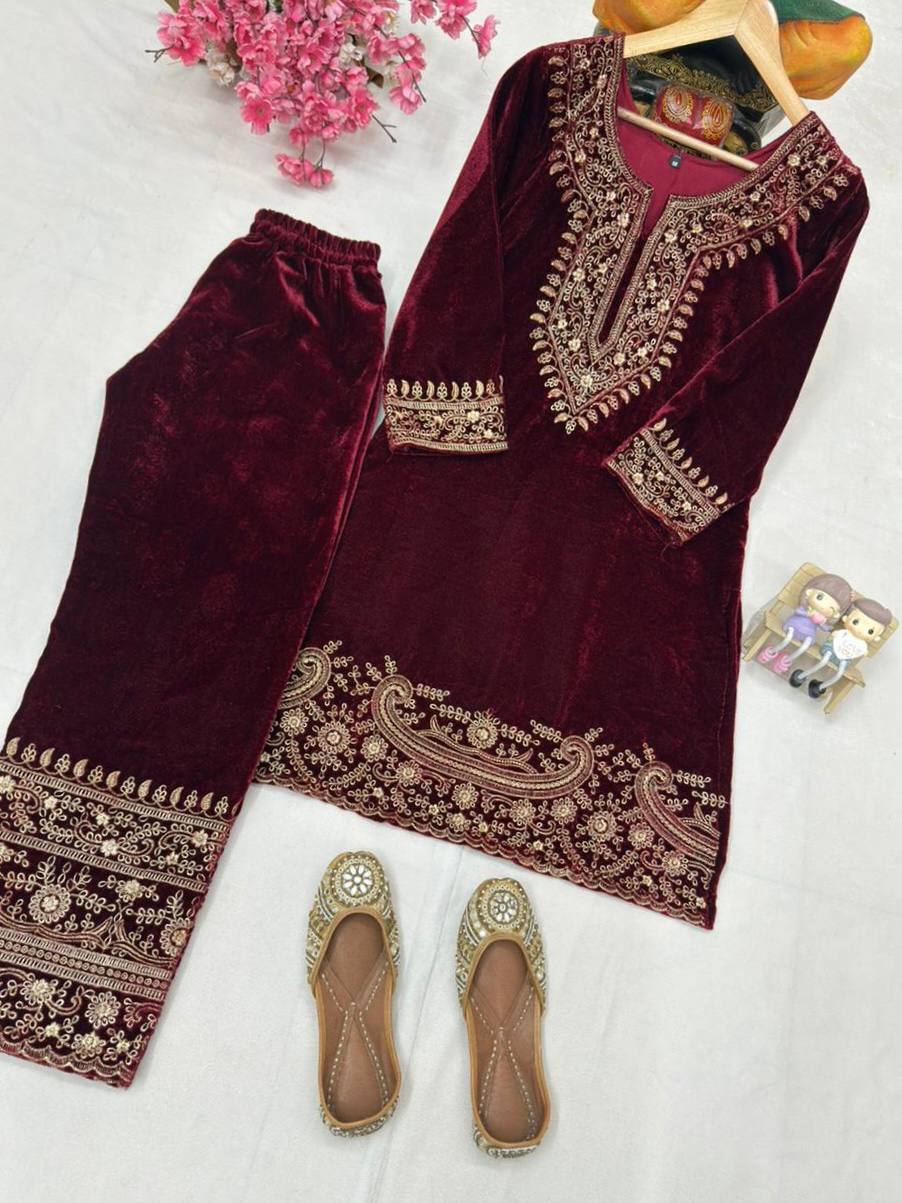 Maroon Velvet Kurti Pant Set