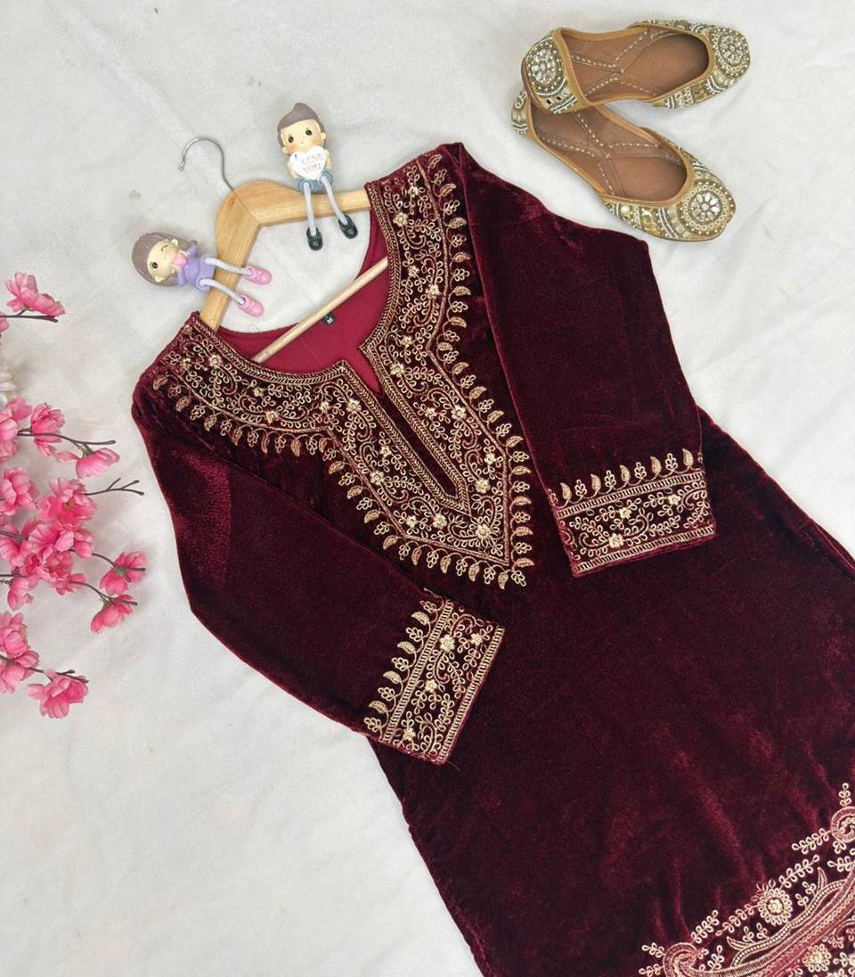 Maroon Velvet Kurti Pant Set