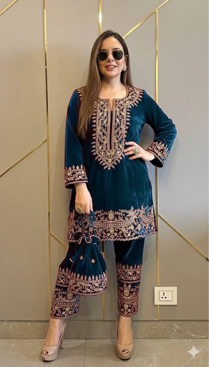 Teal Blue Velvet Kurti Pant Set