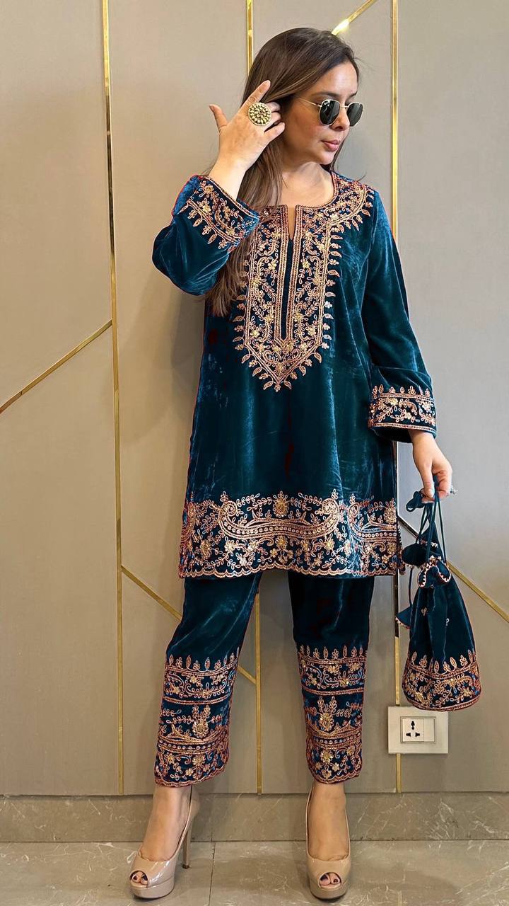 Teal Blue Velvet Kurti Pant Set