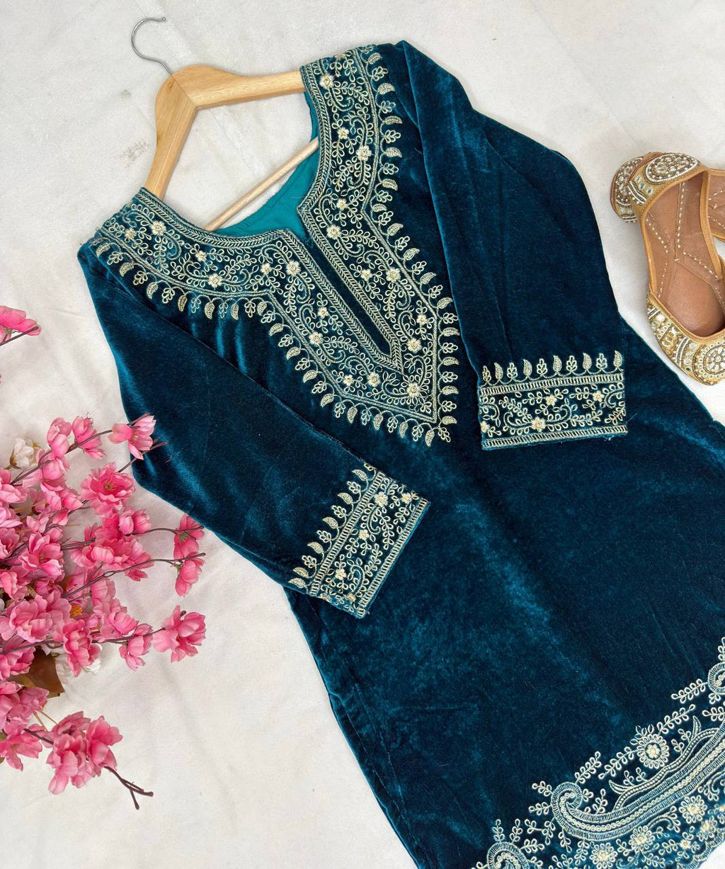 Teal Blue Velvet Kurti Pant Set
