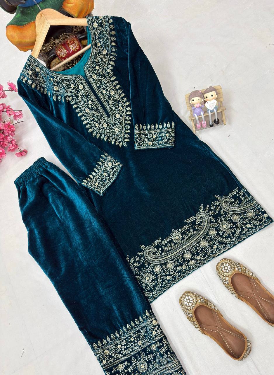 Teal Blue Velvet Kurti Pant Set