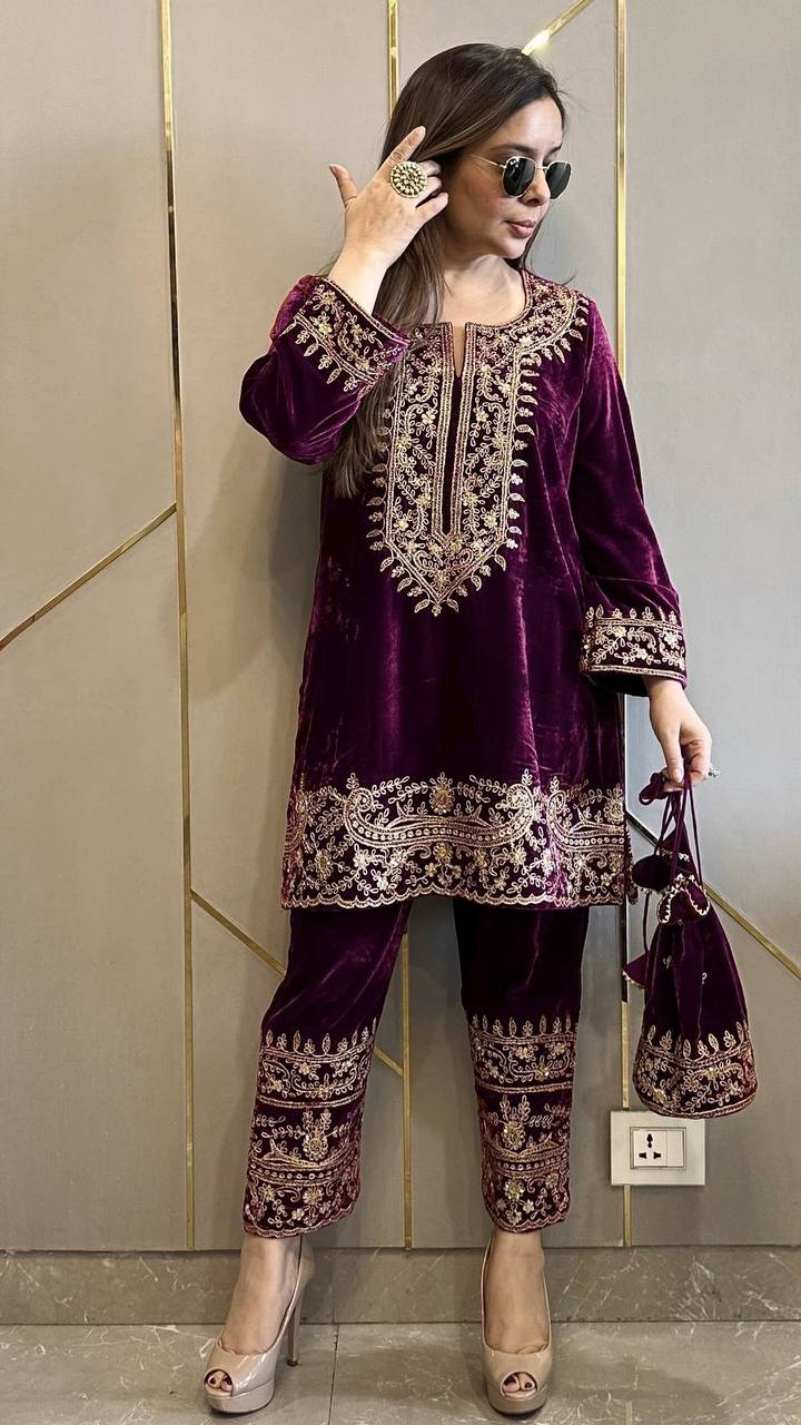 Purple Velvet Kurti Pant Set