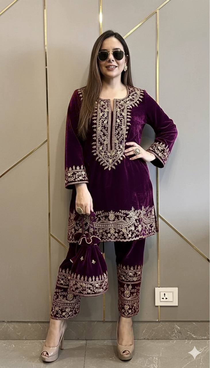 Purple Velvet Kurti Pant Set