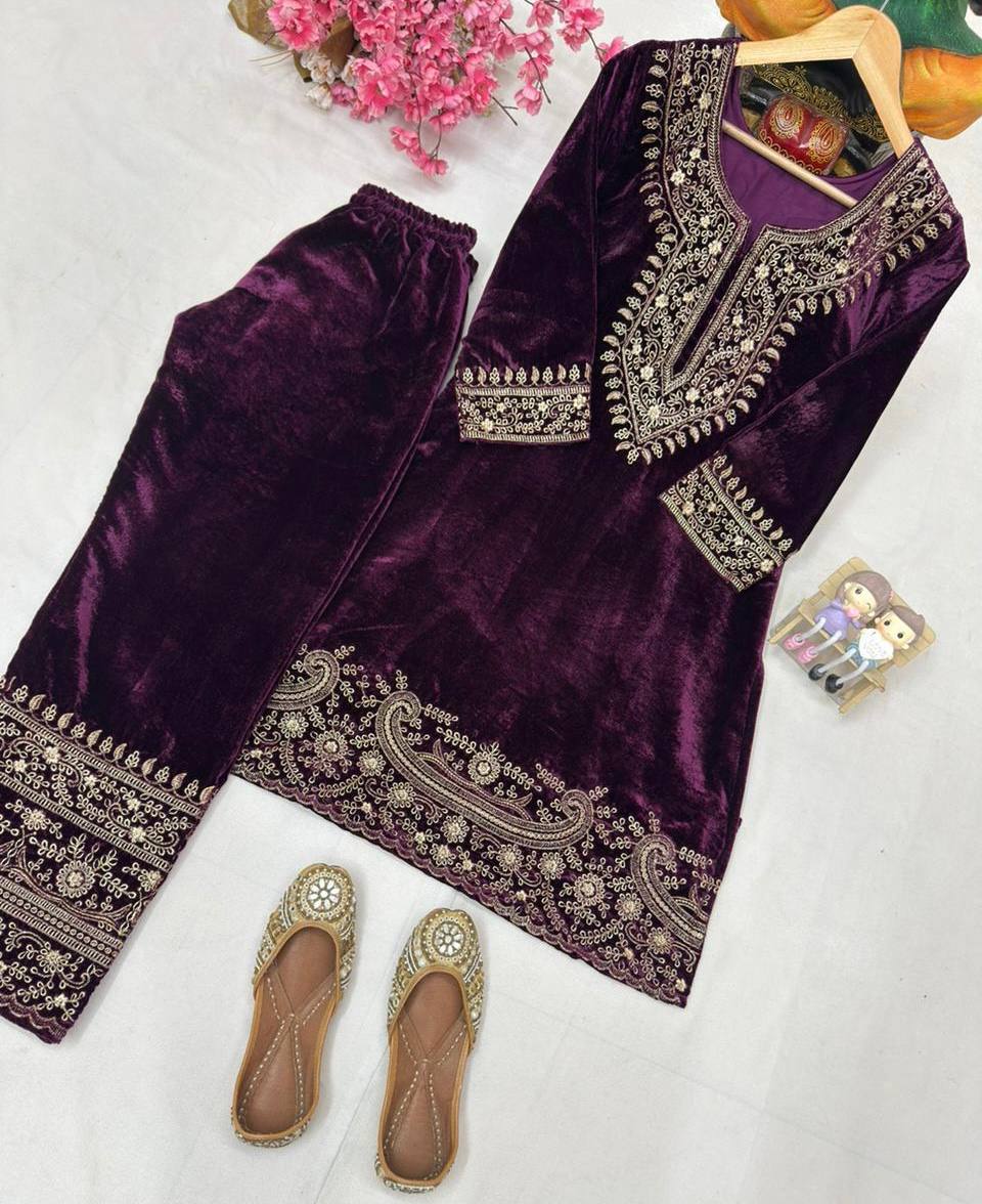 Purple Velvet Kurti Pant Set