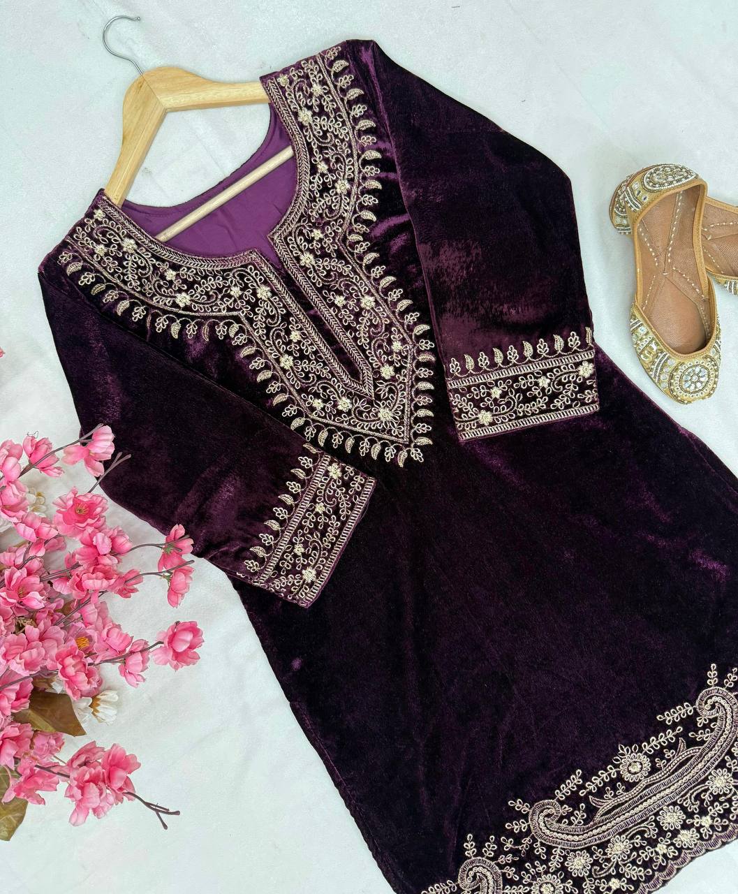 Purple Velvet Kurti Pant Set