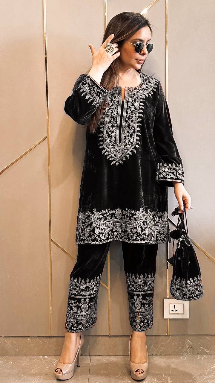 Black Velvet Kurti Pant Set