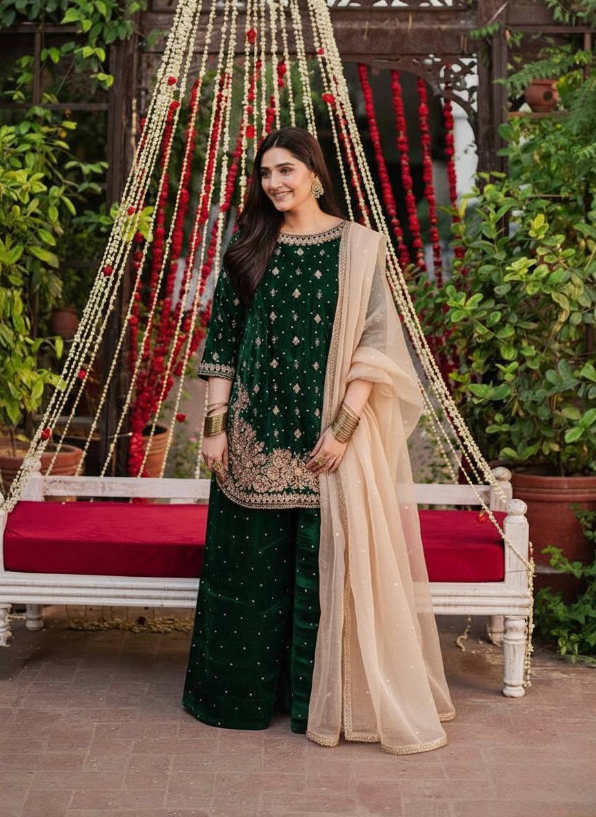 Viscose Bottle Green Velvet Sharara Set