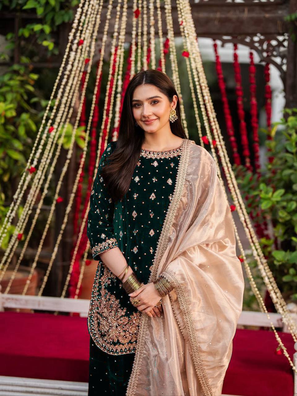 Viscose Bottle Green Velvet Sharara Set