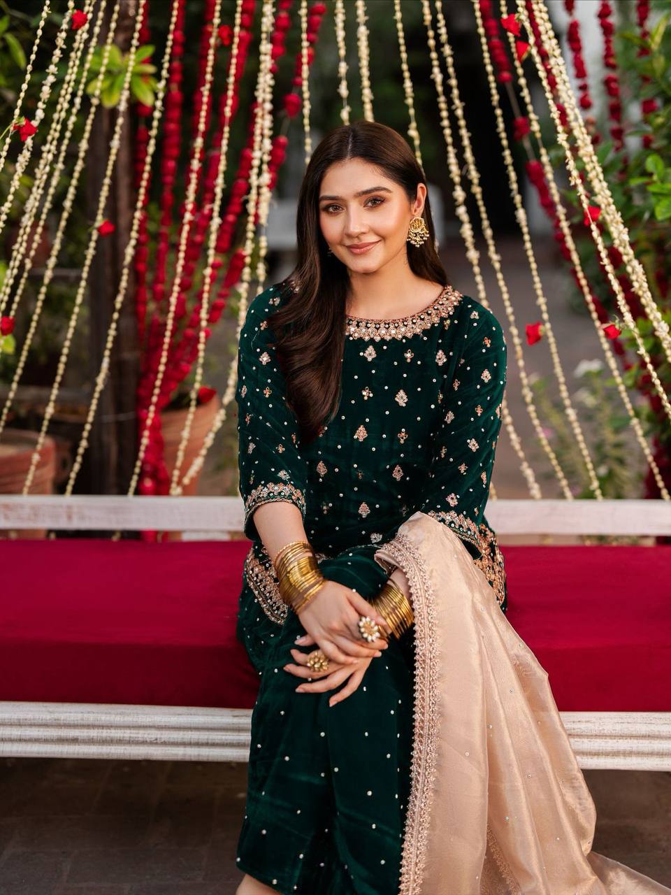 Viscose Bottle Green Velvet Sharara Set