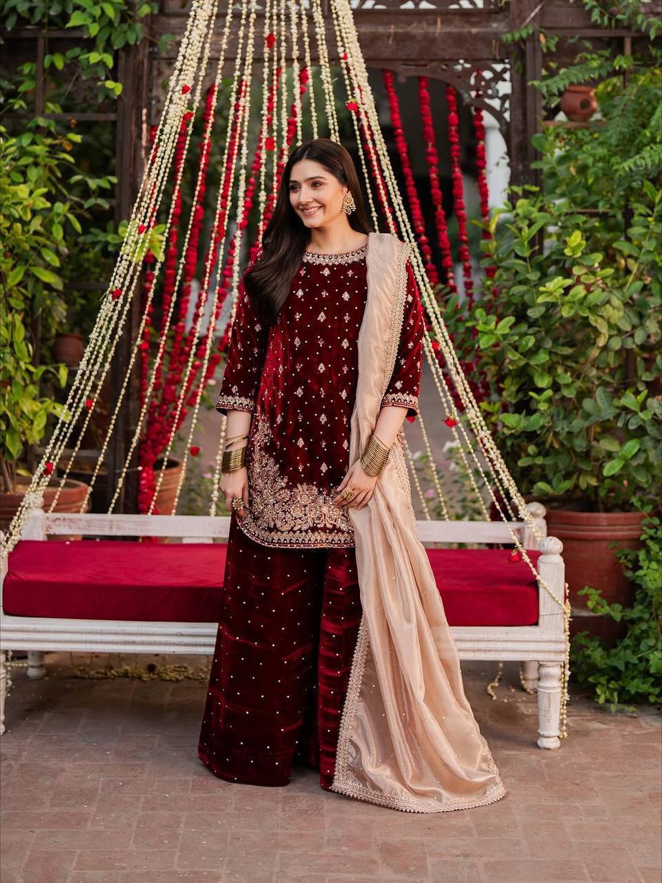 Viscose Maroon Velvet Sharara Set