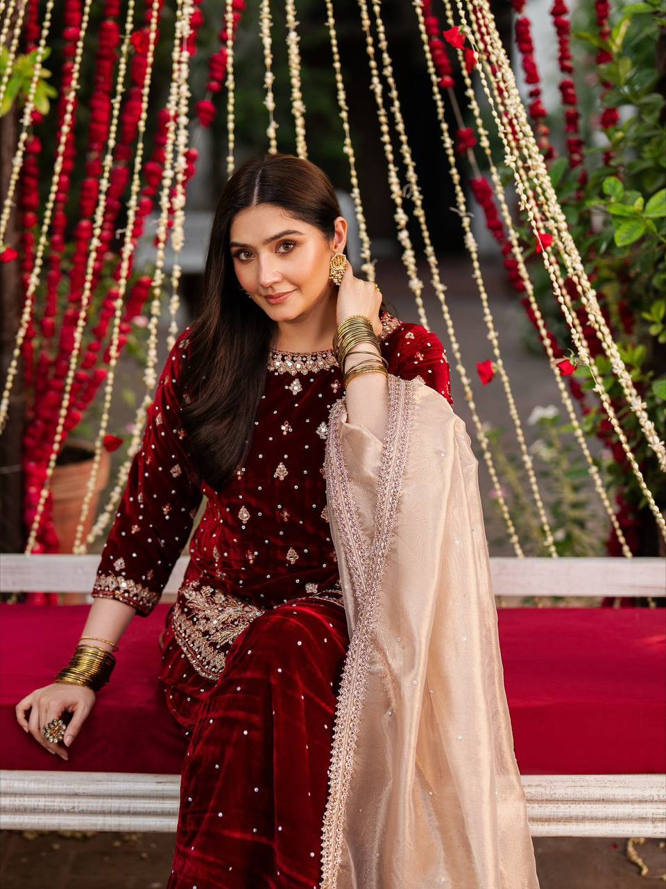 Viscose Maroon Velvet Sharara Set