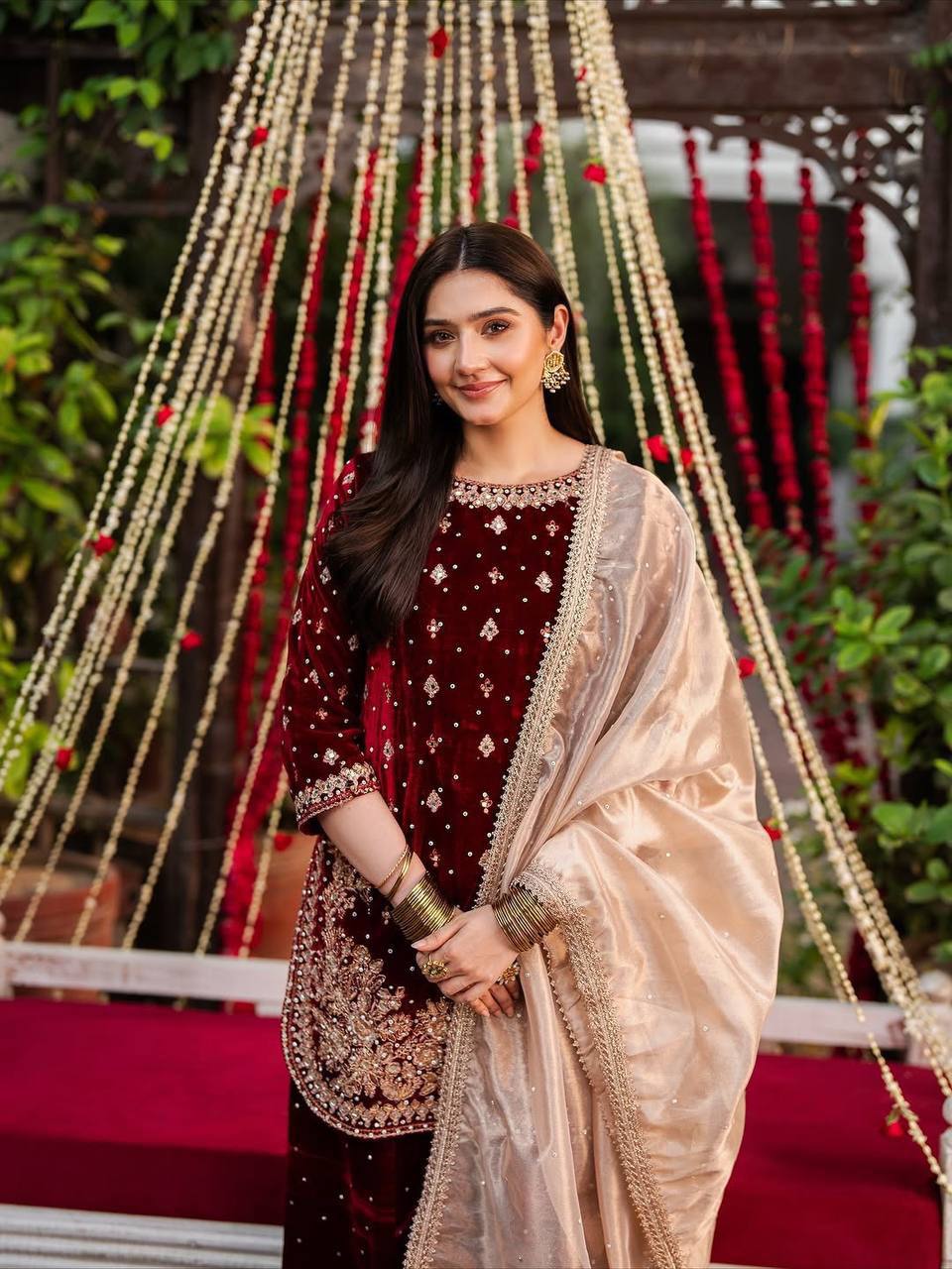 Viscose Maroon Velvet Sharara Set