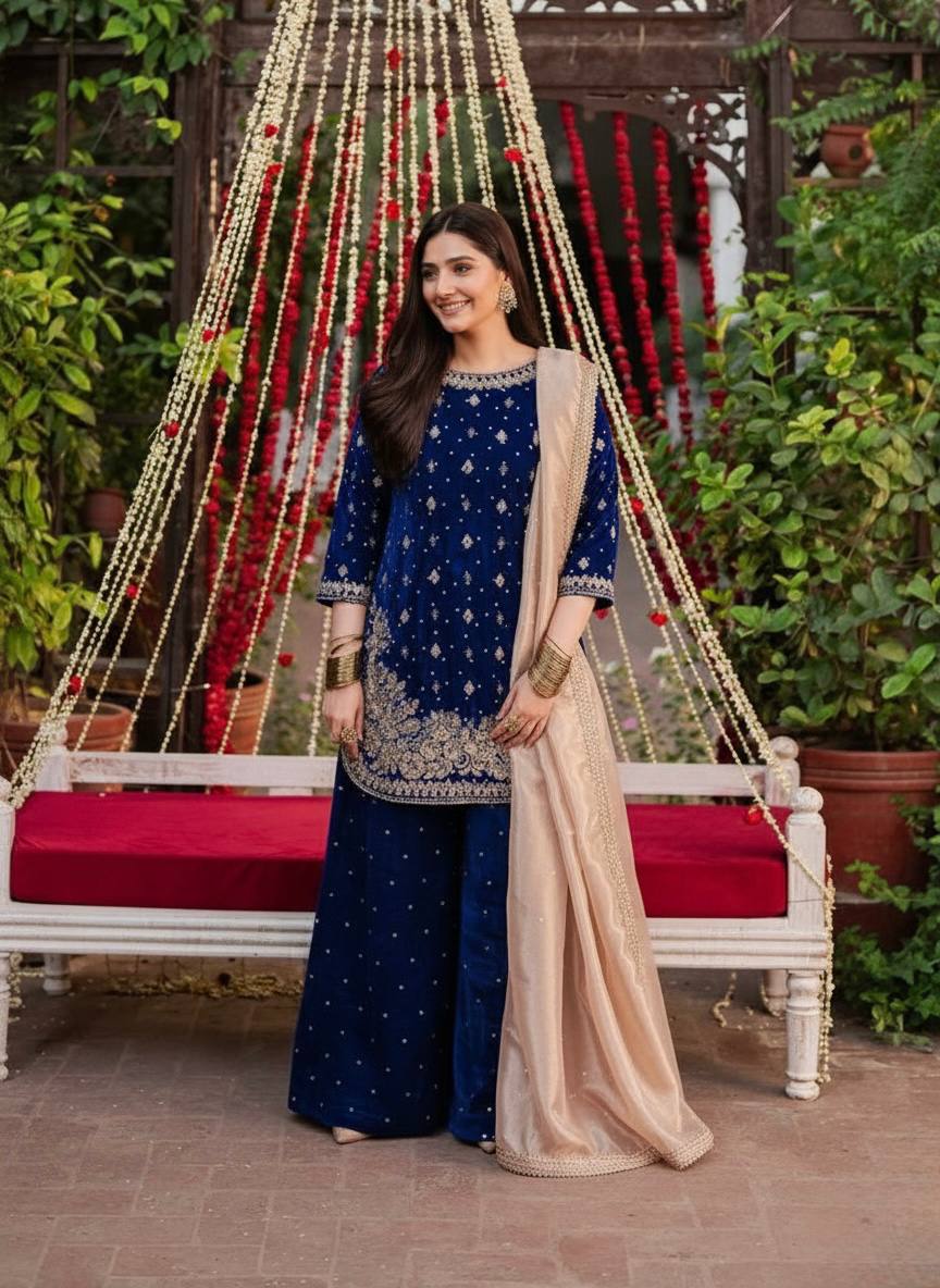 Viscose Blue Velvet Sharara Set