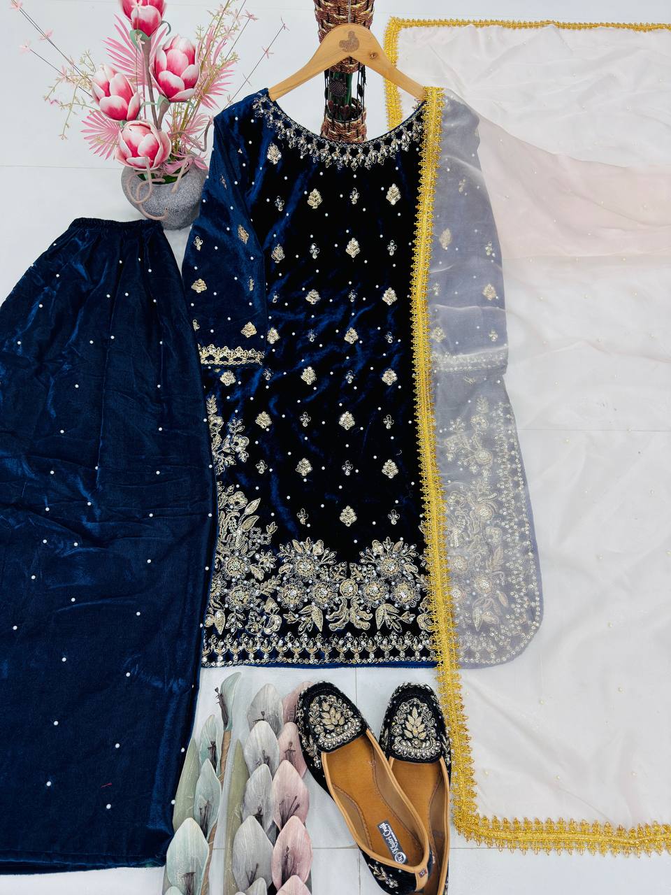 Viscose Blue Velvet Sharara Set