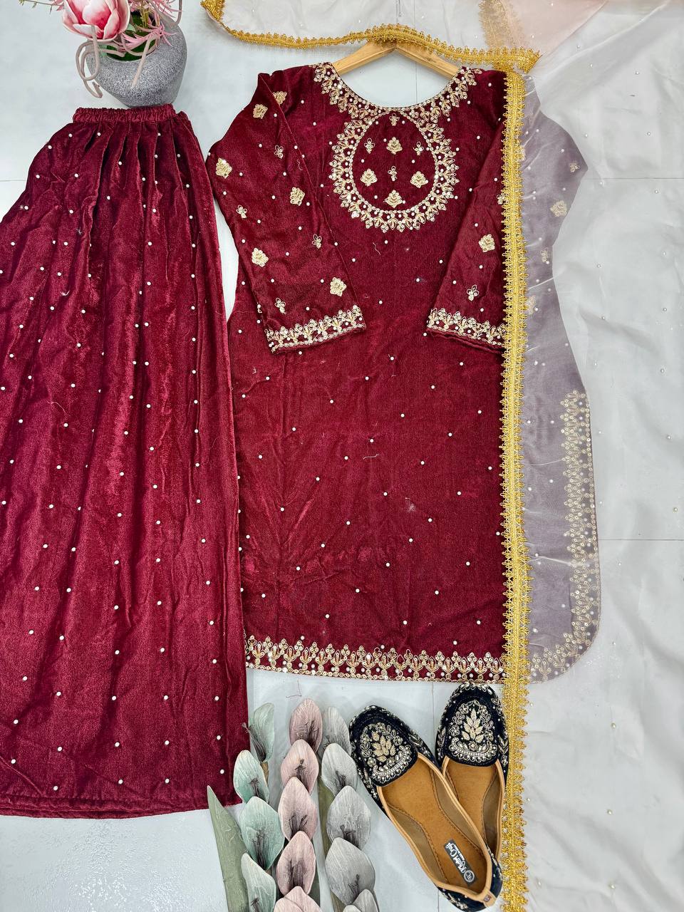 Viscose Maroon Velvet Sharara Set