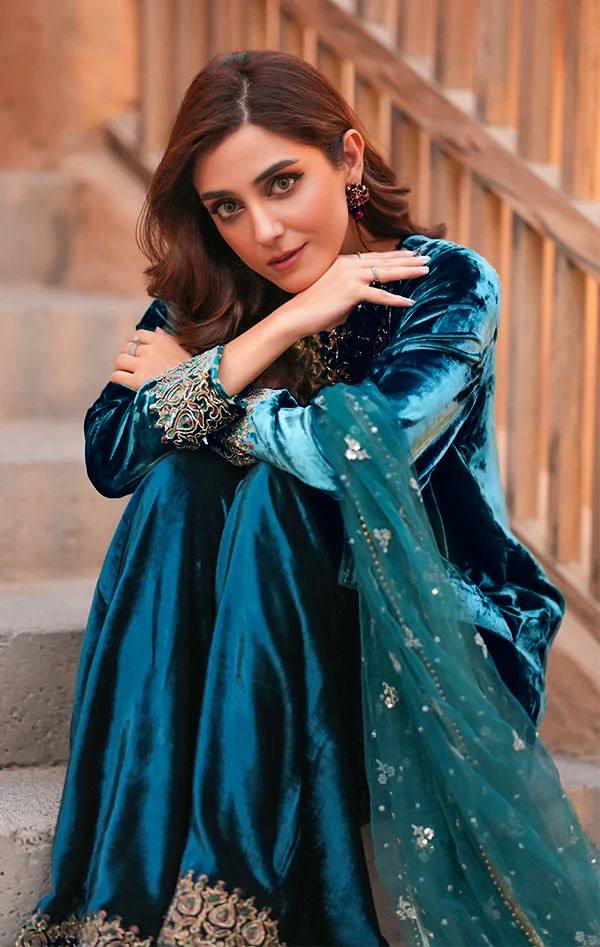 Teal Velvet Kurti Plazzo Set