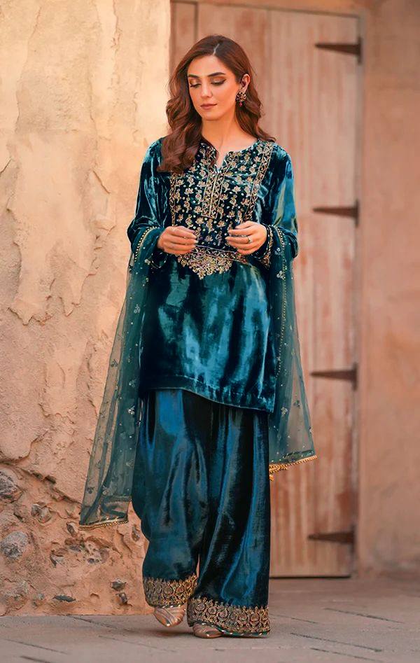 Teal Velvet Kurti Plazzo Set