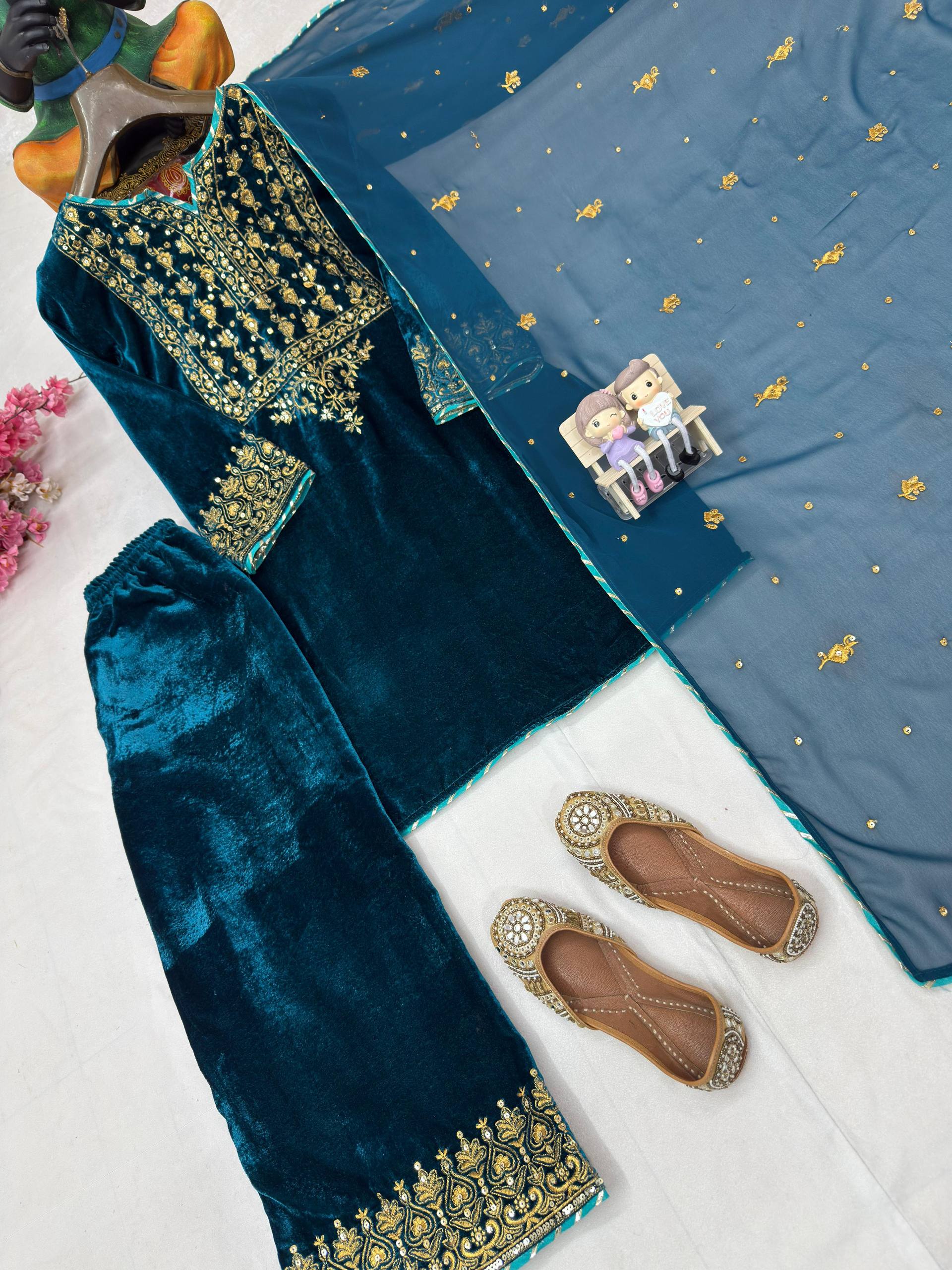 Teal Velvet Kurti Plazzo Set