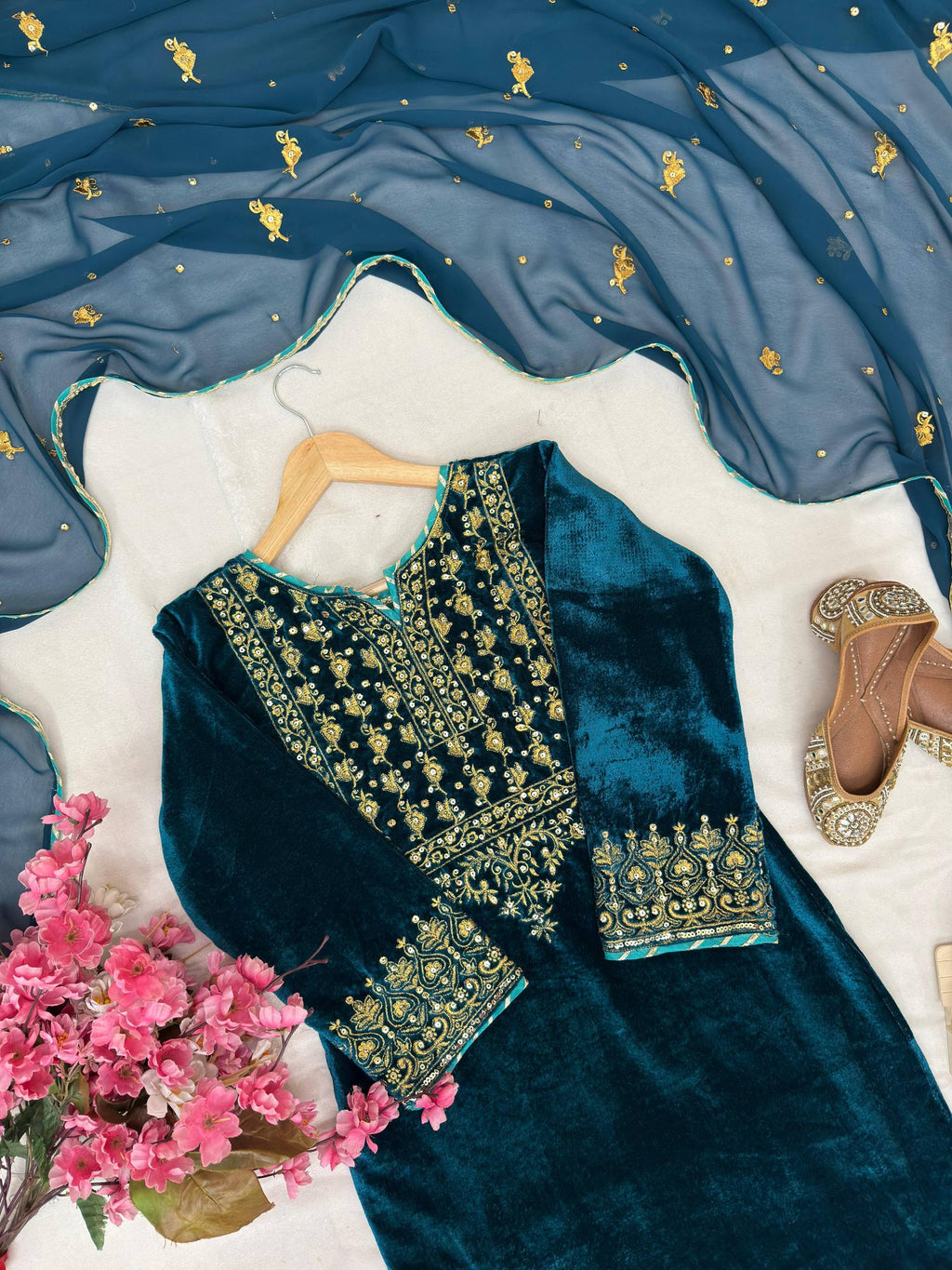 Teal Velvet Kurti Plazzo Set