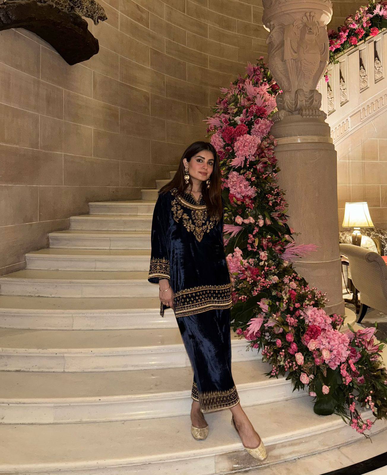 Blue Velvet Embroidered Kurti Plazzo Set