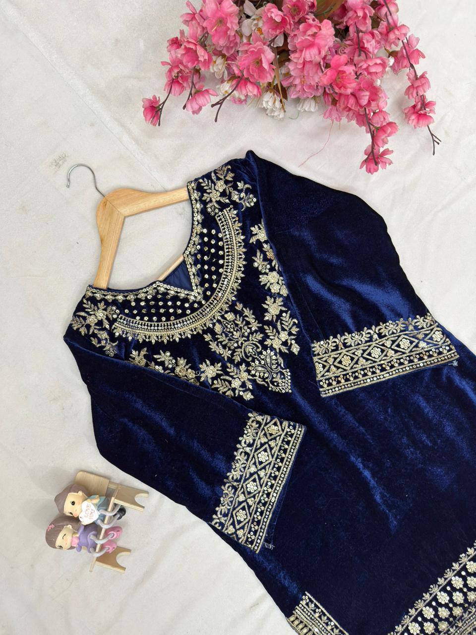 Blue Velvet Embroidered Kurti Plazzo Set