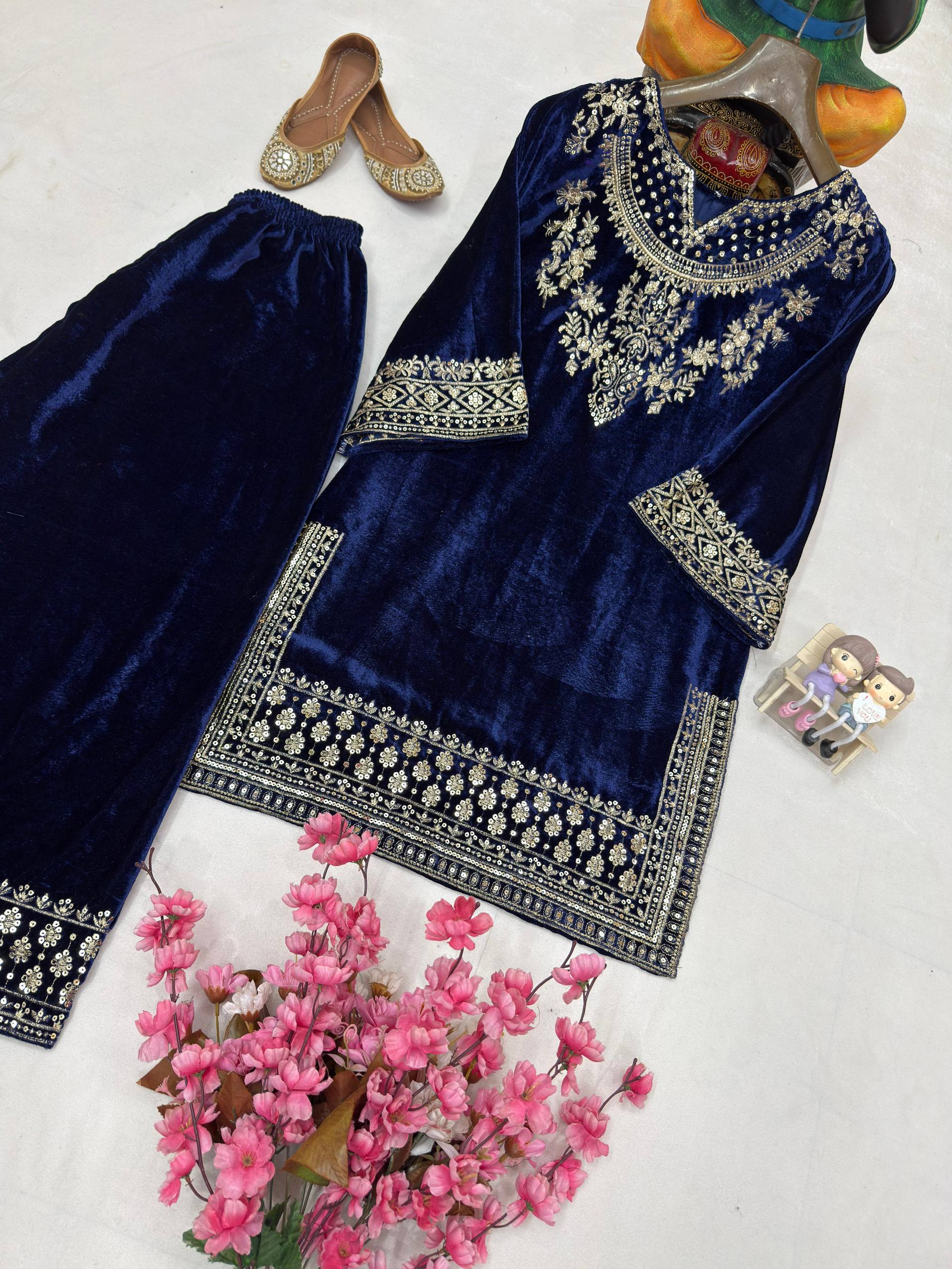 Blue Velvet Embroidered Kurti Plazzo Set