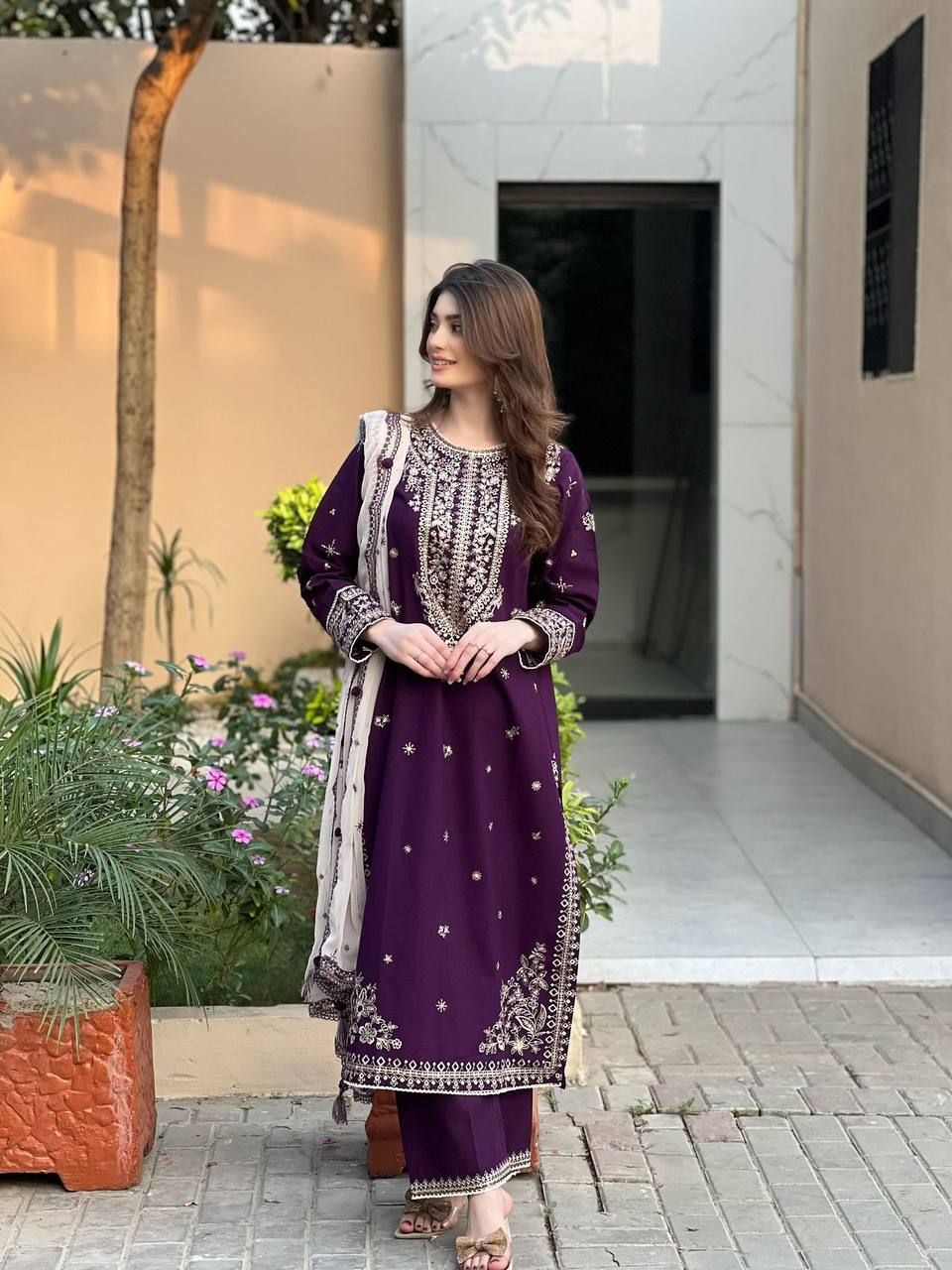 Wine Faux Georgette suit set