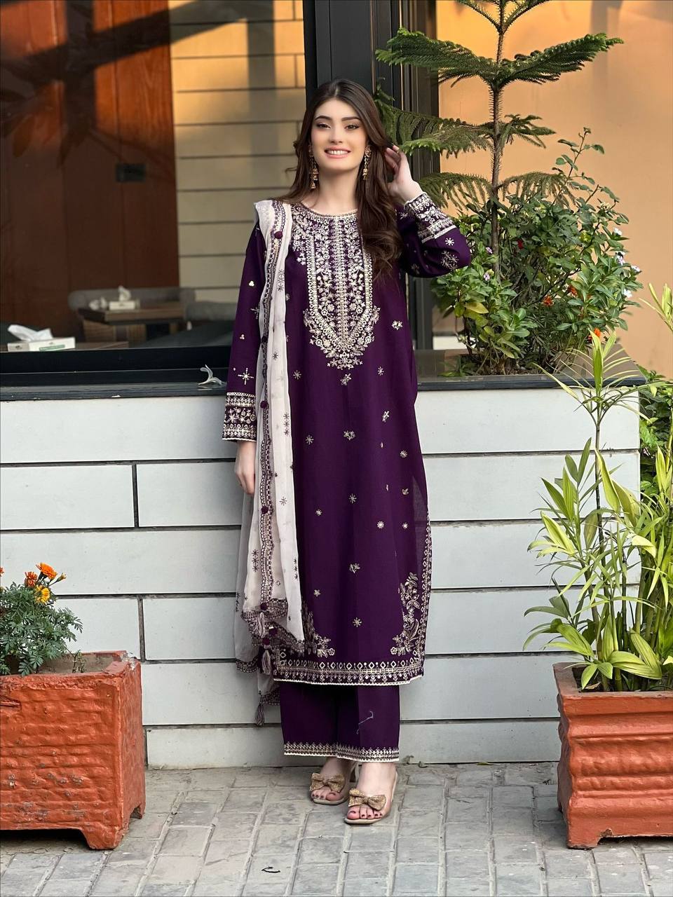 Wine Faux Georgette suit set