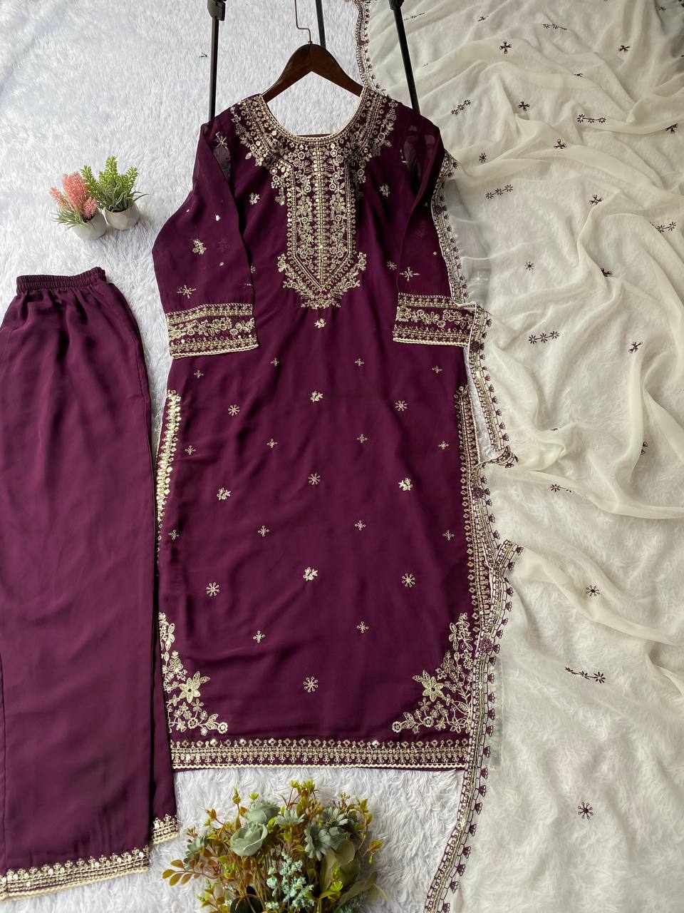 Wine Faux Georgette suit set