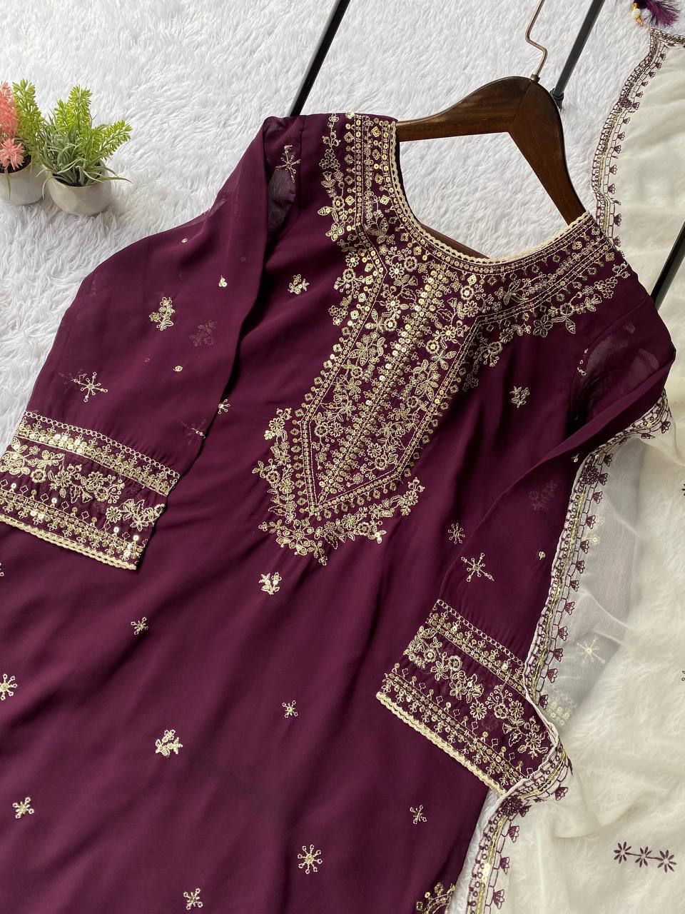Wine Faux Georgette suit set