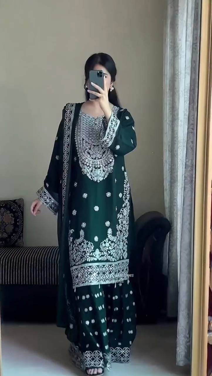 Premium Georgette Bottle Green Palazzo Set