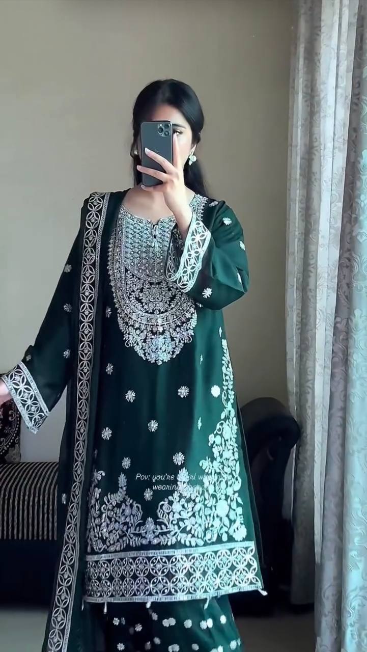 Premium Georgette Bottle Green Palazzo Set