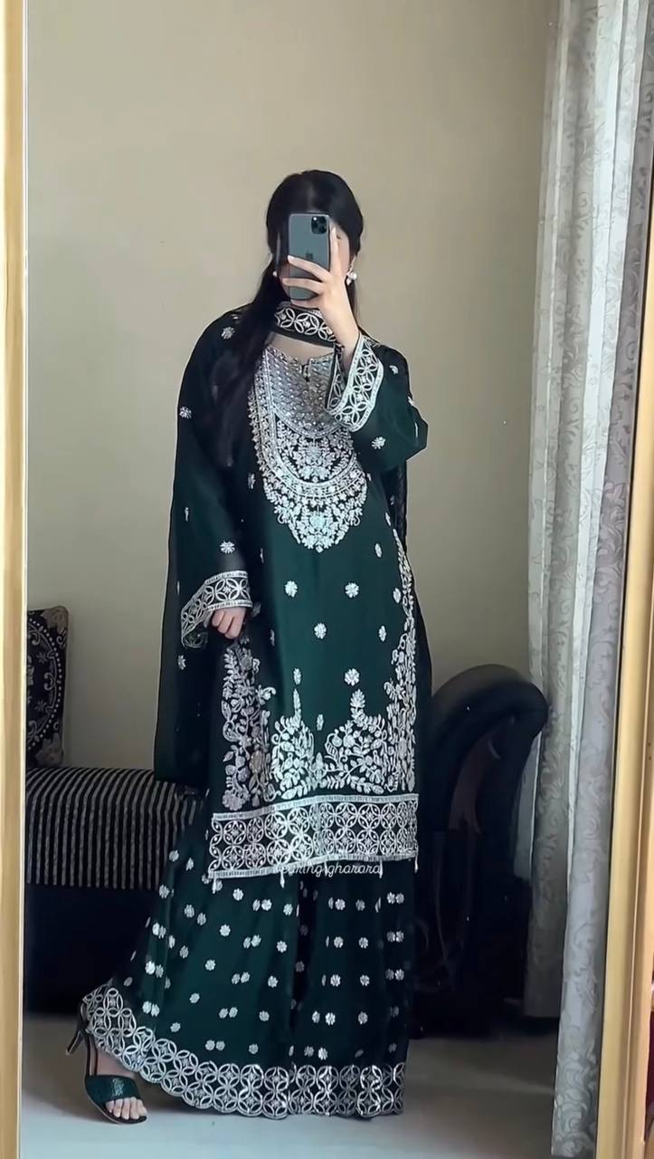 Premium Georgette Bottle Green Palazzo Set