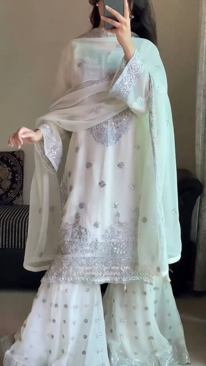 Premium Georgette Off-White Palazzo Set