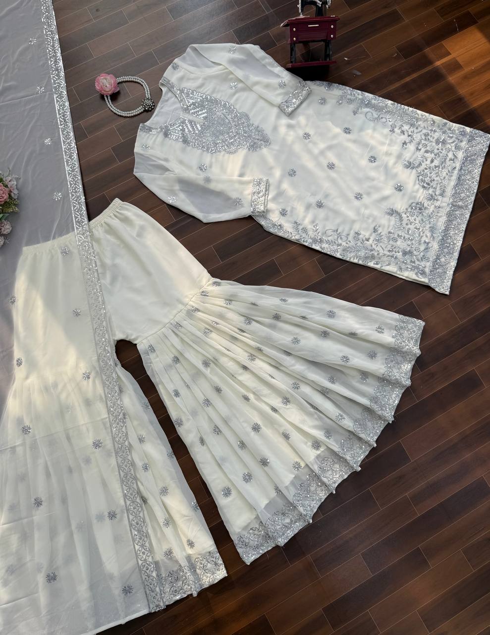 Premium Georgette Off-White Palazzo Set