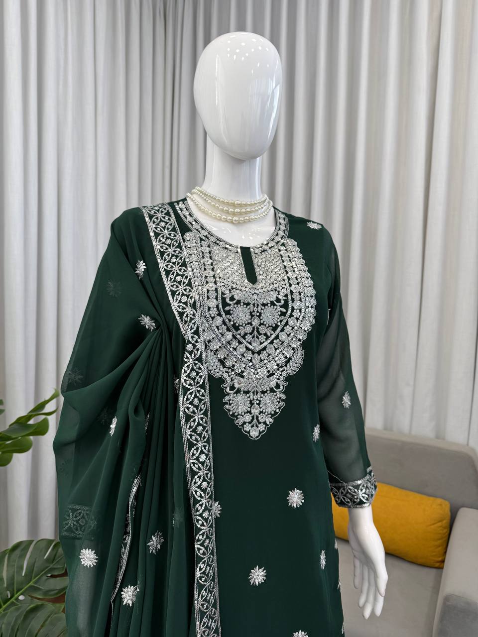 Premium Georgette Bottle Green Palazzo Set