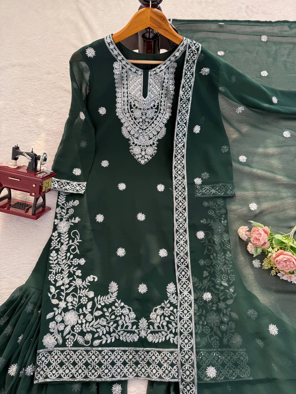 Premium Georgette Bottle Green Palazzo Set