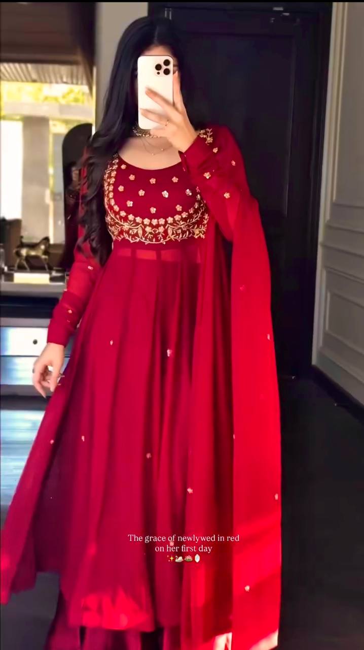 Red Embroidered Georgette Anarkali Set