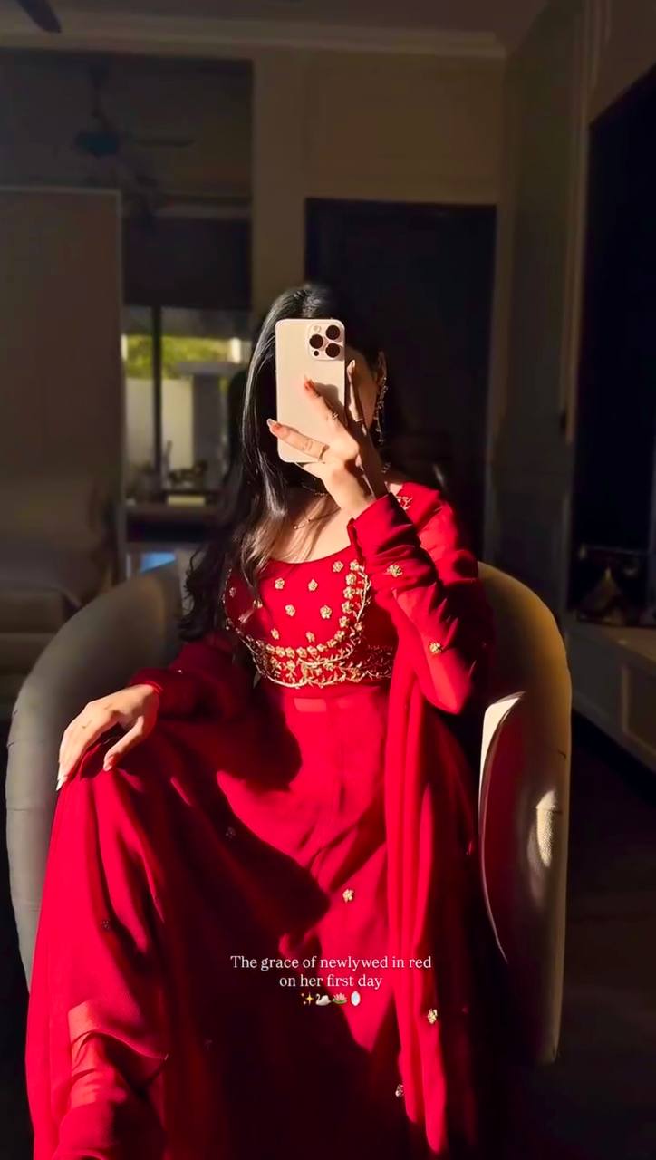 Red Embroidered Georgette Anarkali Set