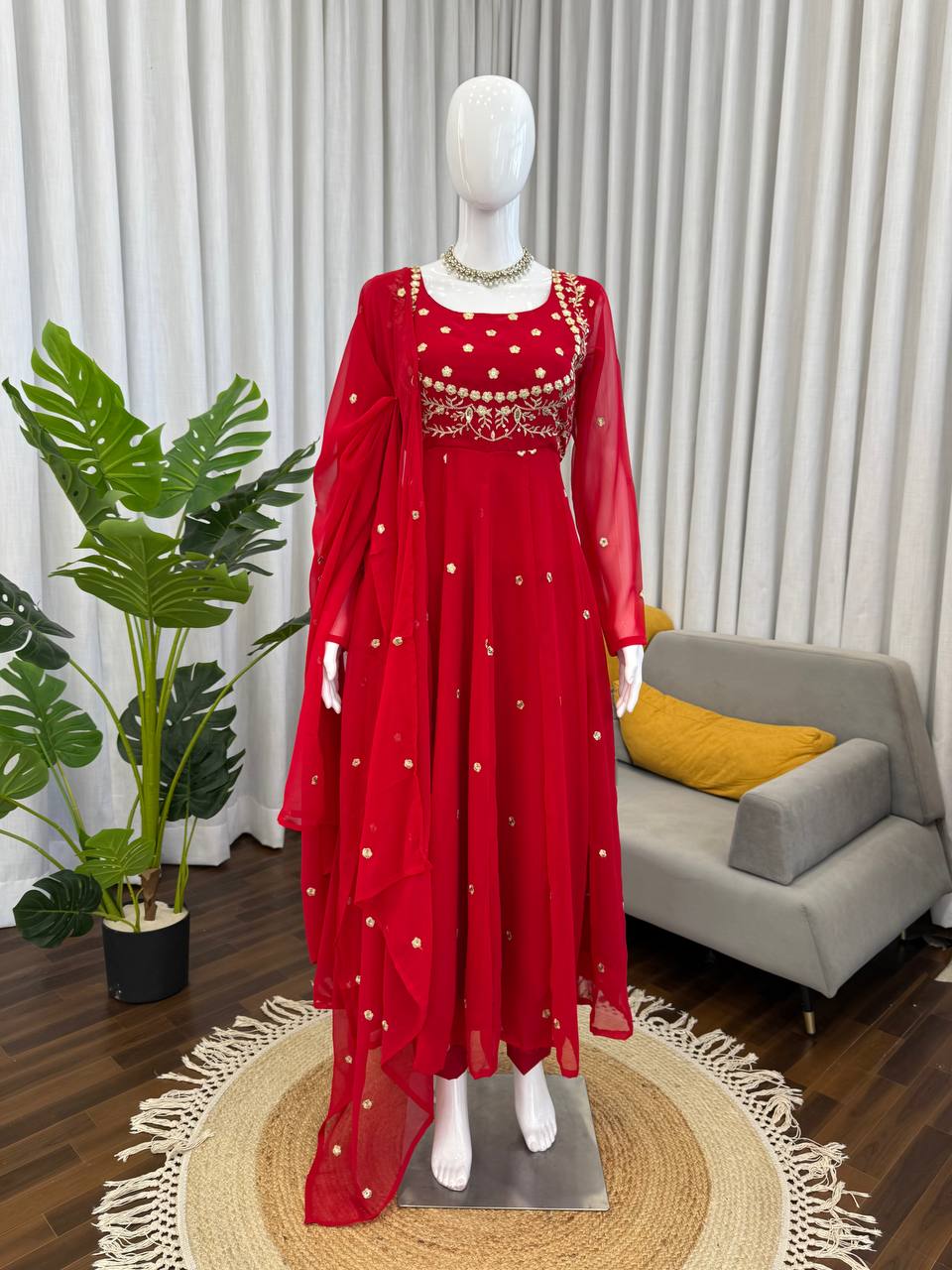 Red Embroidered Georgette Anarkali Set