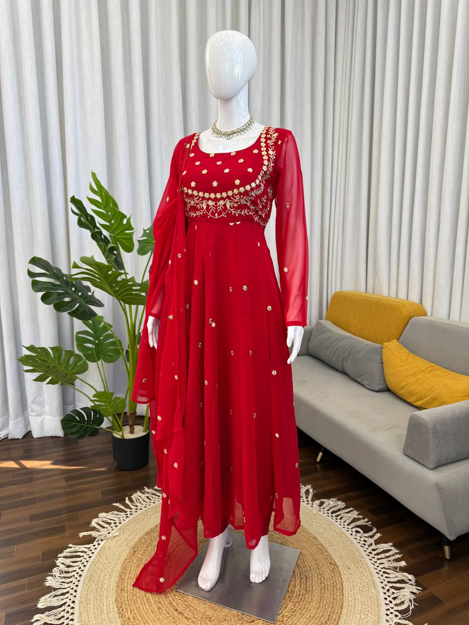 Red Embroidered Georgette Anarkali Set