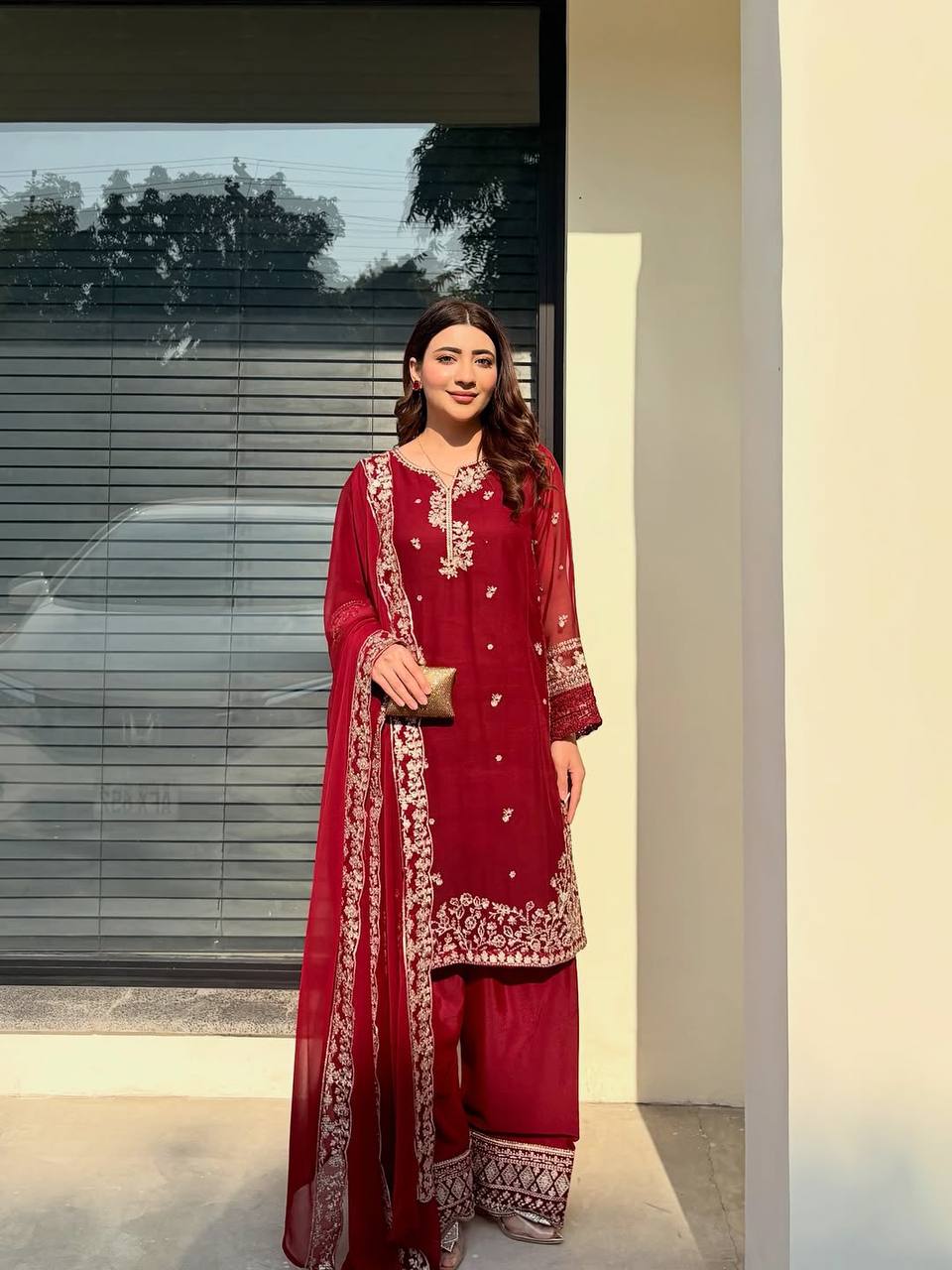 French Crepe Red Suit Set