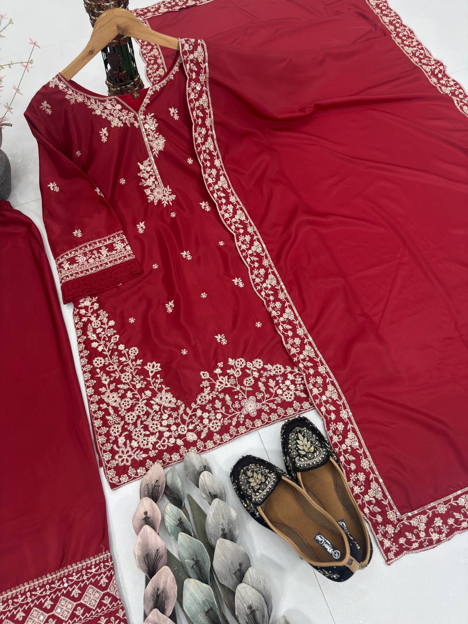 French Crepe Red Suit Set