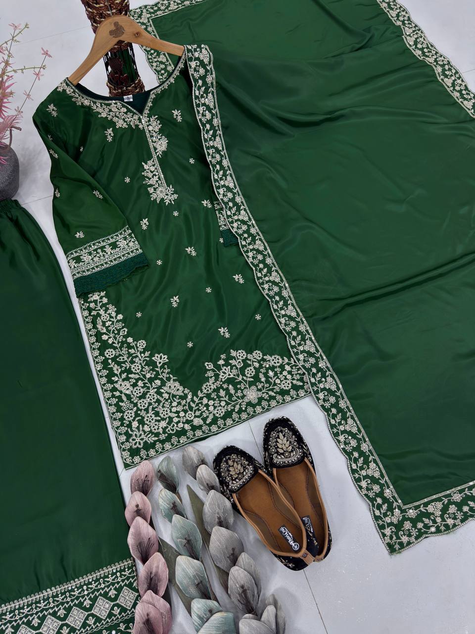 French Crepe Bottle Green Suit Set