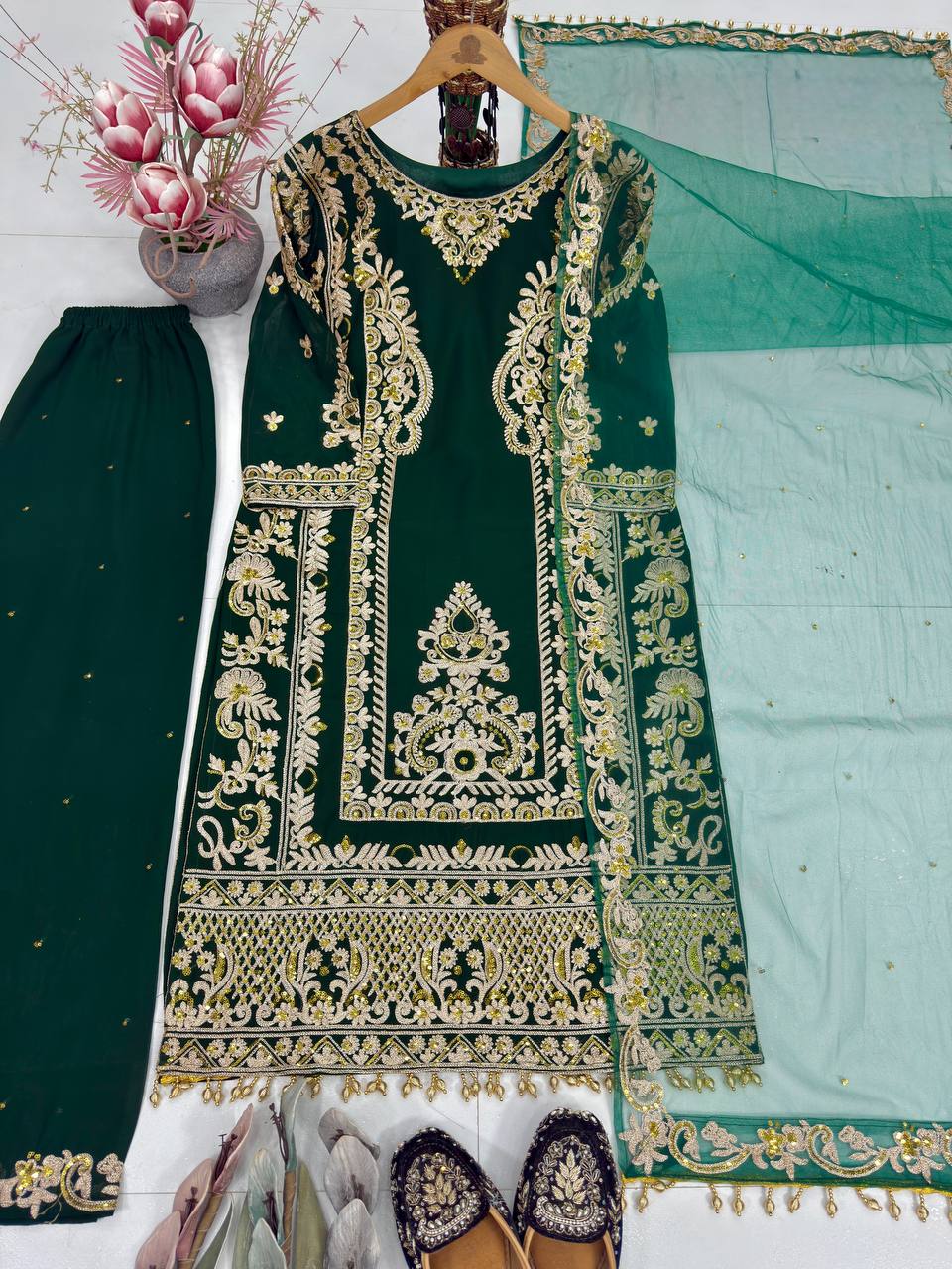 Eid Special Bottle Green Georgette Suit Set