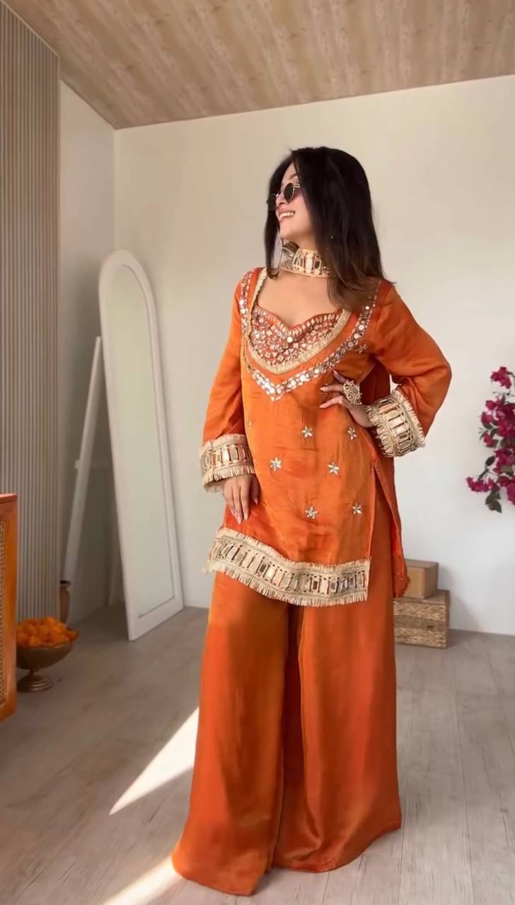 Premium Orange Fendy Silk Sharara Set