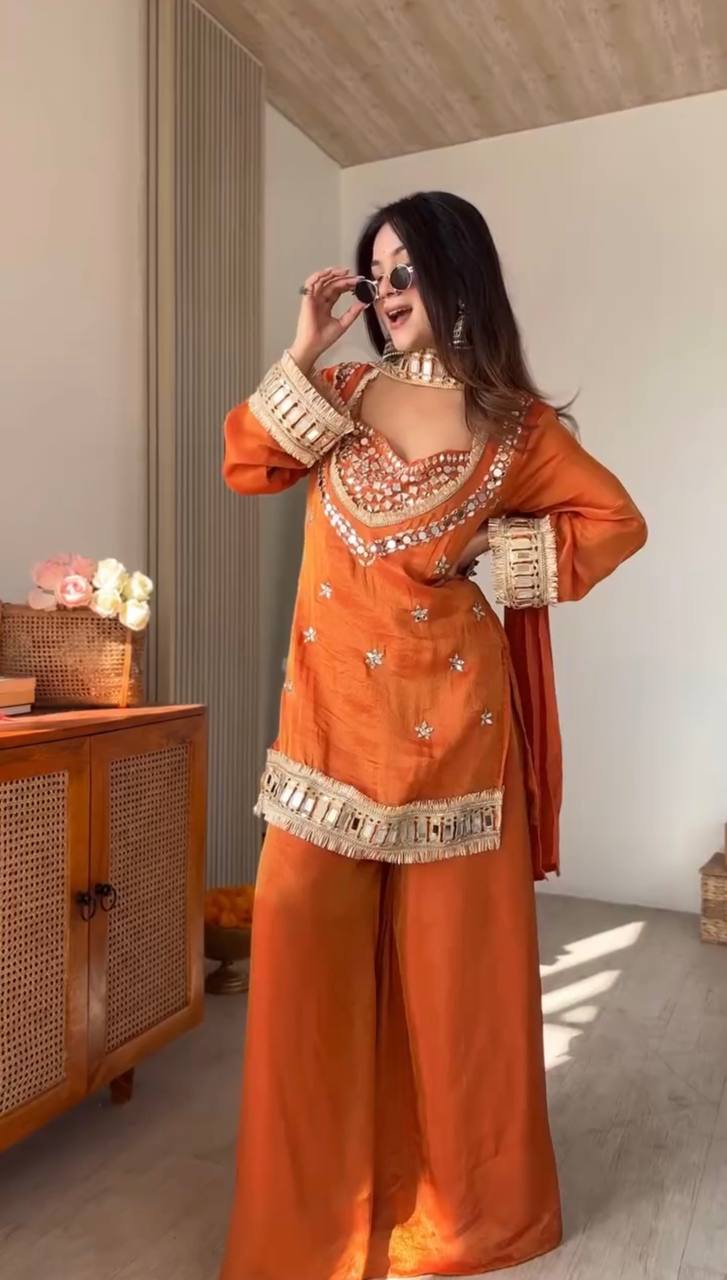 Premium Orange Fendy Silk Sharara Set