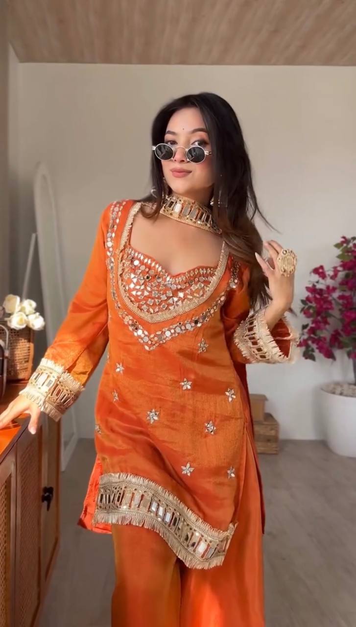 Premium Orange Fendy Silk Sharara Set
